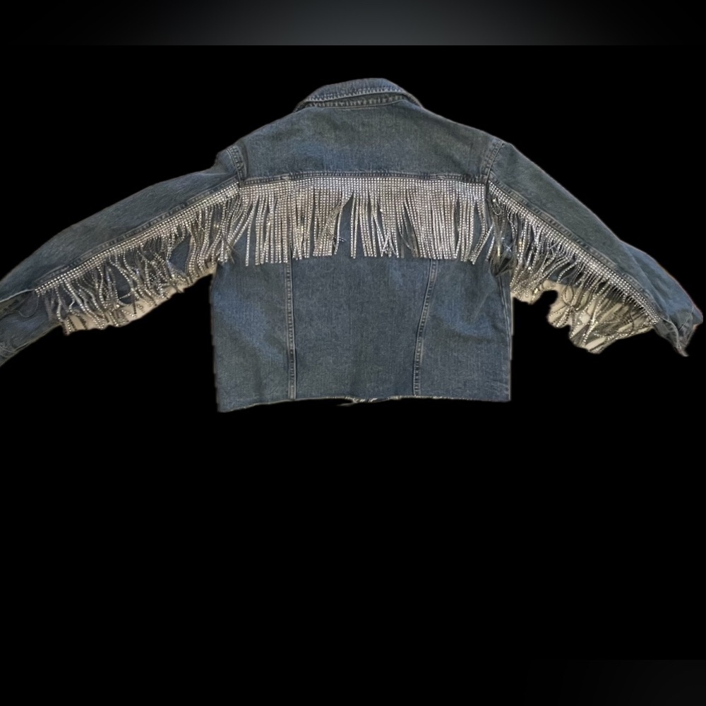 Rhinestone fringe cropped jean jacket